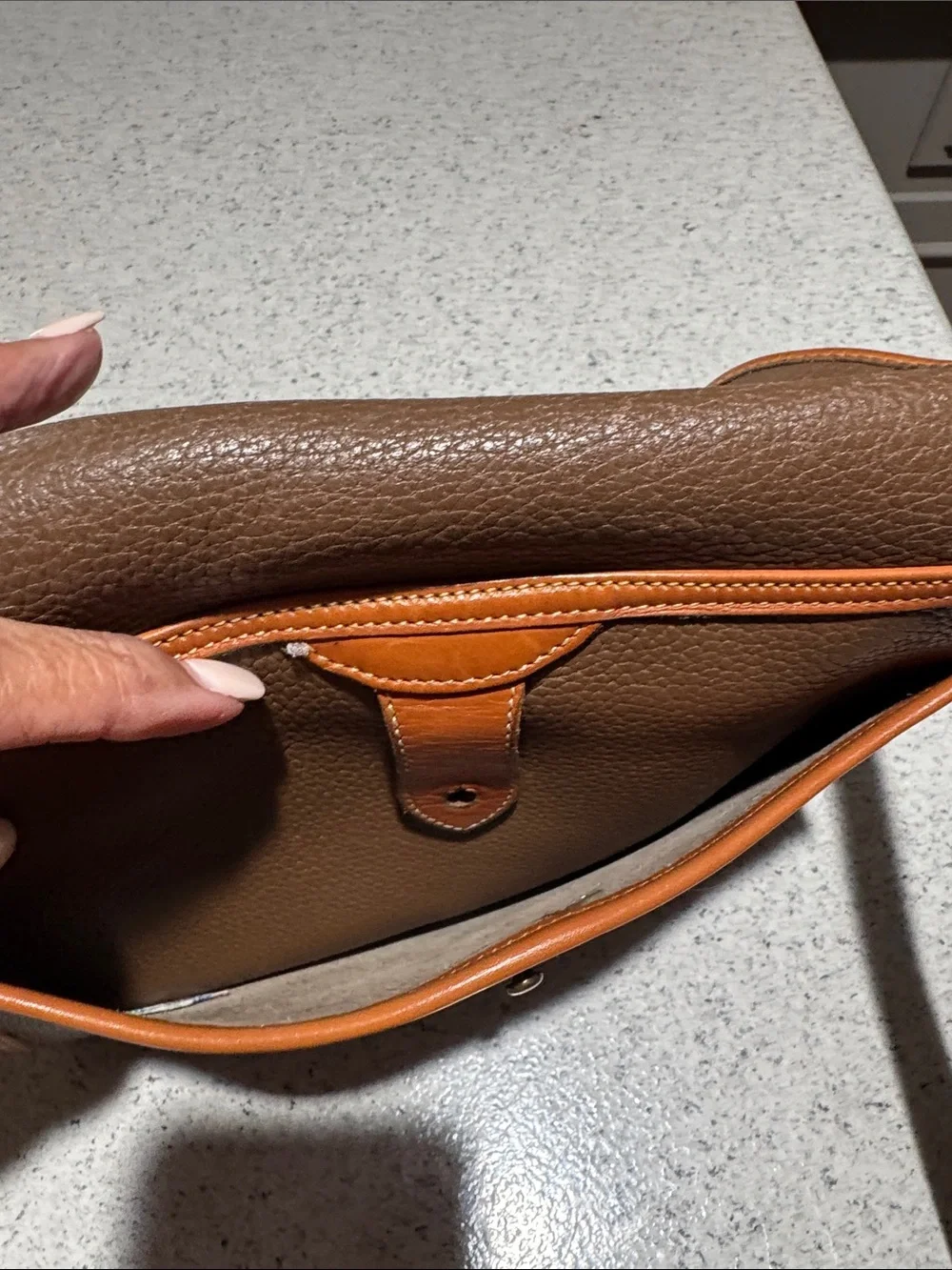Dooney & Bourke Brown Pebbled Leather Messenger with Tan Trim